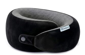 Billebon Memory Foam Neck Pillow with Cooling Gel, Snake Shape Travel Pillow with Snap Button, Neck Rest for Travelling & Flight Travel, Ergonomic Support for Comfort & Pain Relief (Black)