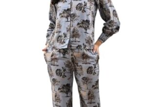 UNIfringe Sleeve Tree Printed Rayon Women’s Night Dress Set – Soft & Breathable Corset for Women for Comfortable Sleep | Night Suit for Women | Night Pants for Woman | Woman Night Dress Set Grey