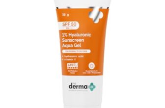 The Derma Co 1% Hyaluronic Sunscreen Aqua Gel SPF 50 PA++++ | Hydrating, Lightweight & Non-Greasy | No White Cast | Broad Spectrum & Blue Light Protection | Clinically Tested – (In-Vivo) | 30 g