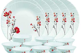 Larah by Borosil Glass Chrys RedThali Set (White) – 18 Pieces