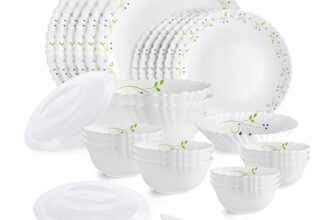 CELLO Tropical Lagoon Dazzle Series Opalware Dinner Set of 35 Pieces For Family of 6 | Bone-Ash Free & Leadfree Opal Glass, Microwave & Dishwasher Safe Plates & Bowls Crockery Set For Dining & Gifting