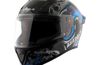 Vega Bolt Octopus ISI Certified Full Face Motorcycle Helmet with Impact Resistant ABS Shell High Density EPS Liner Scratch Resistant Visor Quick Release Buckle Comfortable Inner Padding Black Blue Helmet-M