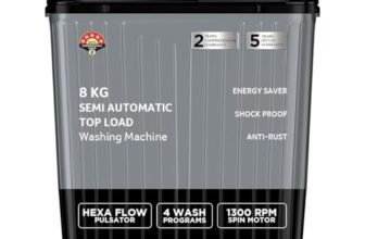 Acer 8.0 Kg 5 Star Semi-Automatic Top Loading Washing Machine(AR80SAMBGL124D, Black-Grey, 4 Wash Programs, Hexa Flow Pulsator, Advanced Lint Filter)