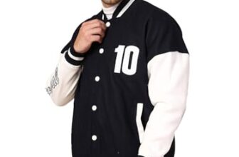 CHKOKKO Men’s Oversized Varsity Jacket with Snap Button Closure and Patch Design Trendy Comfortable Outerwear for College Travel and Casual Wear NavyWhite XL
