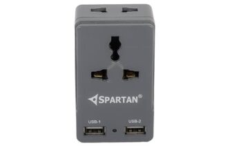 Spartan 3 Pin All Multiplug Charger/Travel Adapter, 10A Power Sockets / 2Pin & 3Pin Socket Adapter with Dual USB Charging Port (Grey, Pack of 1)