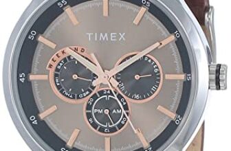 TIMEX Analog Watch for Man with Grey Round Dial & Brown Leather Strap Band Water Resistant Men’s Wrist Watches – TW000T309
