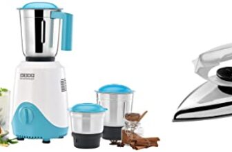 USHA RapidMix 500-Watt Copper Motor Mixer Grinder with 3 Jars (Sea Green/White) & EI 2802 1000 W Ultra light weight Dry Iron with Non-Stick Soleplate (White)