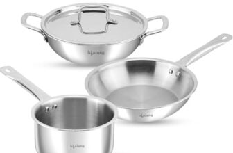 Lifelong Triply 4-piece cookware set |Kadai, Frypan & Saucepan for Cooking |Stainless Steel 22 cm Kadai & Fry Pan22 cm with Stainless Steel Lid | 16 cm Sauce Pan |Induction Bottom & Gas Stove Cookware