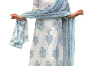 Nermosa Block Printed Kurta set for Women with Dupatta (IN, Alpha, S, White)