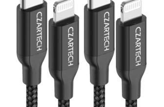 CZARTECH [1.2 Mt USB-C 20W Fast Charging cable Compatible with i-Phone,14,13, 12,11, X, 8, 7, 6, 5, i-Pad iPad Air and More [Nylon Braided,Black – Pack of 2]