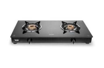 Glen Apex 2 Burner LPG Gas Stove 66 cm | 6mm Toughened Glass Top | Brass Burners | ISI Certified | Manual Ignition | Black with Drip Trays & Revolving Inlet Nozzle | 2 Year Warranty