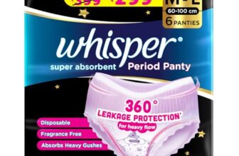 Whisper Super Absorbent Period Panty, 6 M-L Pants, 360 Degree Leakage Protection* for Heavy Flow, Panty like Fit, Full back Coverage, Absorbs Heavy Gushes, Silky Soft, Comfortable Feel