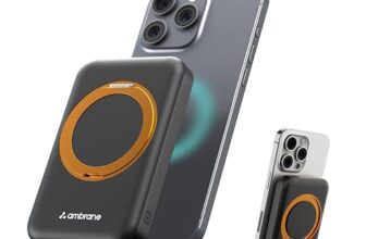 Ambrane MagSafe Wireless 10000mAh Fast Charging Power Bank with Mobile Stand, Strong Magnet, 22.5W Output for iPhone 12 & Above, Android & Other Qi Enabled Device + Magnetic Ring (Mount, Black)