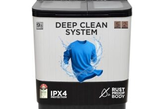 Midea 9.5 Kg 5 Star Toughened Glass Semi Automatic Top Load Washing Machine Black White (MWMSA095GPG(KW) Rust proof Body with 1300 RPM)
