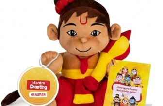 Panda’s Box Mantra Chanting Baby Hanuman | As Seen on Shark Tank | Musical Soft Plush Toy | Non-Toxic, Safe| Best Birthday Gift for Newborn Kids (Boys, Girls) | Free Colouring Book | Medium 28 CM