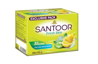 Santoor Fresh Skin Bathing Soap with Lime, Aloe vera & Menthol|Experience 3X Freshness Like Never Before|For All skin Type|150G, pack of 4