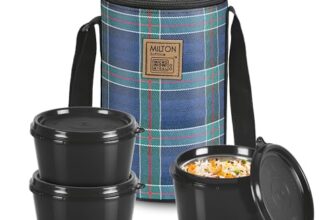MILTON Lofty Lunch Box with Insulated Fabric Jacket, 3 PU Insulated Inner Stainless Steel Containers (1 x 320ml, 2 X 450ml Each), Microwave Safe & Leakproof Tiffin for Office, College, Navy Blue