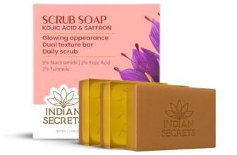 INDIAN SECRETS Kojic Acid & Saffron Detan Scrub Soap | Skin Brightening & Tan Removal Bathing Soap for Men & Women | Kojic Soap – Dark Spots, Pigmentation | Turmeric & Niacinamide (Pack of 3)