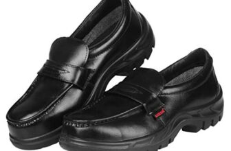 KARAM FS72 Slip-On Buff Grain Black Safety Shoes for Men | Single Density | Steel Toe | Black PU Sole | Antistatic, Antislip, Oil & Heat Resistant | Size-03