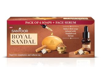 Santoor Royal Sandal Detan Pack | 6 Soaps (125g Each) + Free Serum (15ml) | 100% Sandalwood Oil & Powder | 3-Step Natural Detan | Reduces tan, Improves complexion, Even Skin Tone & Glow