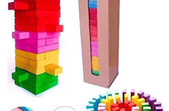 PRIME DEALS Wooden Blocks 54 Pcs 2 Dice Building Blocks Game Challenging Wooden Tumbling Tower, Wooden Stacking Toys with Dices Board Educational Puzzle Game for Adults and Kids (Color)