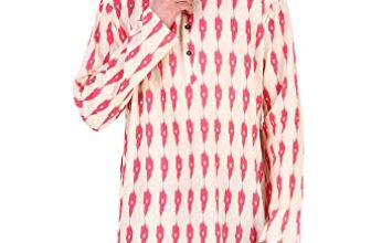 Amazon Brand – Anarva Men’s Cotton Printed Kurta Long Sleeves Mandarin Neck Knee Length Shirt (K112red_Red_Medium)