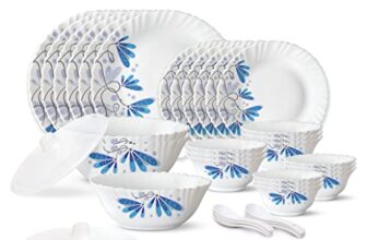 Larah by Borosil Twilight Silk Series Opalware Dinner Set of Plates, Veg Bowls, Soup Bowl, Spoons, Serving Bowl with Lid | Bone-Ash Free Crockery Set for Dining (White, 35 Pieces)