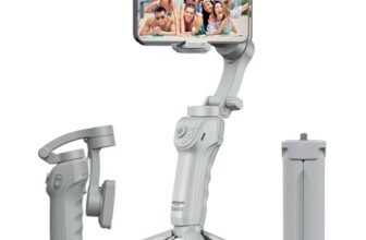 Amazon Basics 3-Axis Smartphone Gimbal Stabilizer with AI Face&Body Tracking|Foldable Design |Adjustable Fill Light| 8 Hr Battery| iPhone, Android Compatible| Perfect for travel/vlogging,Grey (AB-M01)