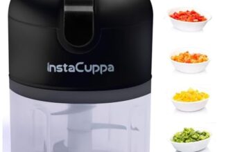 InstaCuppa Rechargeable Mini Electric Chopper, Stainless Steel Blades, One-Touch Operation, 1800 mAh Battery, USB C, Mince Meat, Cut Garlic, Ginger, Onion, Vegetables, Nuts, Black, 250 ML, 45 W