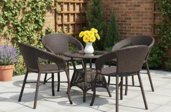 DEVOKO 5-Piece Outdoor Rattan Wicker Patio Bistro Set For Garden, Backyard, Balcony, Porch, Poolside Furniture With Dark Brown All-Weather Wicker And Glass Top Table (Dark Brown), (58 X 46 X 79Cm)