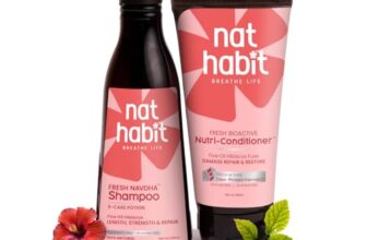 Nat Habit Hibiscus Navdha Shampoo & Conditioner Combo with Reetha, Amla & Castor for Women & Men Dry & Frizzy Hair | Hair Growth & Hair Fall, 72 Hr Frizz Control, Long & Shiny Hair | Sulphate-Free