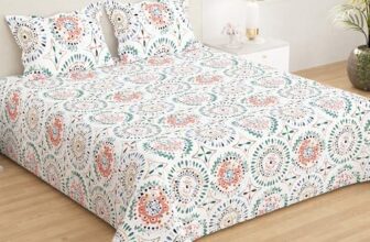 Story@Home Bedsheet for Double Bed King Size Microfiber 210 TC with 2 Pillow Covers, 270 cm X 270 cm, White & Peach, Motif