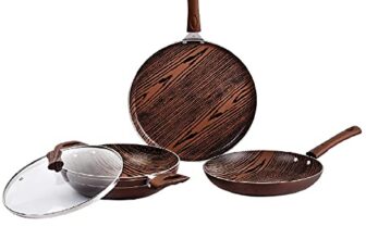 CELLO Prima 3-Piece Non-Stick Aluminium Cookware Set, Woody (28 cm Dosa Tawa, 22 cm Kadai with Glass Lid, 22 cm Fry Pan) | Induction Base, PFOA-Free, Sturdy Handles, Ideal Gift Set