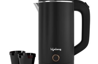 Lifelong Electric Kettle 0.8 Litre with 2 Cups | 600W Stainless Steel Kettle with Double Wall & Cool Touch Body, 360° Swivel Base, Water Level Indicator, Auto Shut-Off & Overheat Protection (Black)