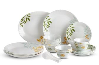 Cello Imperial Series Opalware Dinner Set 33 Pcs | Lush Foliage | Opal Glass, Lightweight & Chip-Resistant | Microwave Safe, Dishwasher Safe | Scratch-Resistant Dinnerware | White