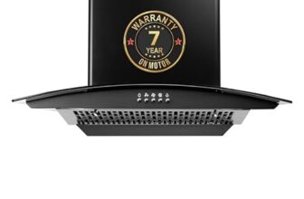 BLOWHOT 60cm 1200 m³/h Push Control Chimney For Kitchen Filterless with Free Installation Kit, Curved Glass Design, Metal Blower, LED Lights, 7 Year Motor Warranty – (Acura S BPC, Black)
