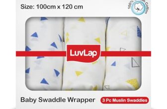 LuvLap 100% Cotton Muslin Baby Swaddle Set, Baby Towel, Size-120cm x 100cm (47″x39″), Triangles Printed on White, 0-18 Month+, Printed Mulmal Muslin Swaddle Wrap for New Born, Pack of 3