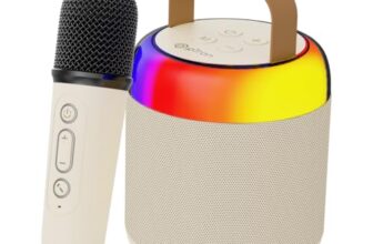 pTron Newly Launched Fusion Bliss 16W Bluetooth Speaker with Wireless Karaoke Mic, 6H Playtime, Vibrant RGB Lights, Voice Effects,Multi-Play Modes BT5.3/TF Card & Type-C Charging Port (Light Cream)