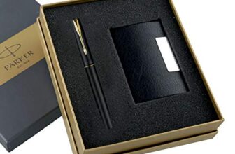 Parker Gift Set Frontier Matte Black Gold Trim Roller Ball Pen With Card Holder | 1 Pen + 1 Card Holder| Ink Color – Blue | Perfect For Employees | Unique Gifts For Entrepreneurs