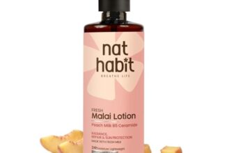 Nat Habit Fresh Peach Milk Malai Lotion with Pro-Vitamin B5 & Ceramide | 24H Deep Moisturization & Sun Protection | 100% Natural, Glycerin-Free Face & Body Moisturizer | 200ml