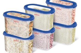 MILTON Stacko 360 Airtight Plastic Storage Containers Set of 6, 1200ml Each | BPA-Free Plastic Pantry Organizers, Kitchen Items Storage Boxes for Pulses, Rice, Snacks | Durable & Space-Saving, Blue
