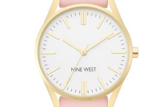 Nine West Women’s Analog Watch, Gold-Tone and Pink Strap, Vegan Leather Strap, Japanese Quartz Movement, Second Hand Feature, 40mm Case
