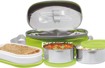 MILTON Executive Lunch Box, 2 Round Inner Steel Round Containers 280ml Each and 1 Microwave Safe Oval Plastic Container 450ml with Insulated Bag, Office Tiffin for Leak-Proof, Easy to Carry, Green