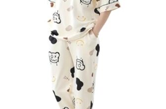 Louis Luxe Womens Korean Night Dress || Full Pyjama Set ||Korean Nightsuit || Women Nightwear ||Round Neck Full Sleeve Nightsuit || Loungewear || Everyday Nightdress (ND-10-CREAM-M)