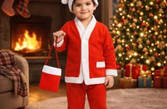 GRAPHENE Christmas Santa Claus Dress Costume for Boy Girl Kids Children with Jacket Pant Cap Pouch Merry Christmas Xmas Red & White Set Party Outfits Fancy Dress Size 3 (2-4 Year)