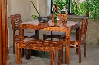 Custom Decor Carlsbade Solid Sheesham Wood 4 Seater Dining Table Set | with 3 Chairs and 1 Bench – Honey Teak Brown