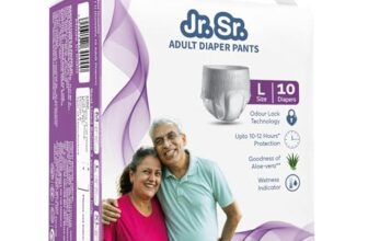 Jr. Sr. Adult Diaper Pants Style | Large (L) Size 10 Counts | Waist 30″-50″ (76-127cm)| Upto 12 hr Absorption Protection | Unisex with Wetness Indicator | Odour Control & Goodness of Aloe Vera