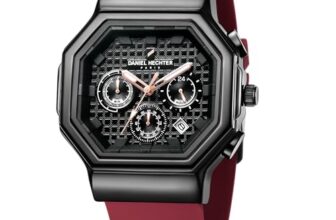 Daniel Hechter Paris Daumesnil Collection Analog Watch for Men Hexagonal Chronograph Watch Black Textured Dial, Multi-Function Display, Red Silicone Strap, Date Window
