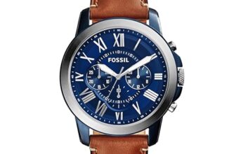 Fossil Men’s Watch, Grant Quartz Stainless Steel and Leather Chronograph Watch for Men, Color: Silver/Blue, Luggage