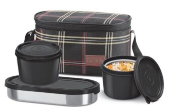 Milton Decker Lunch Box with Insulated Fabric Jacket, 2 Inner Stainless Steel Containers 450 ml Each & 1 Oval Stainless Steel 450 ml, Microwave Safe, Leak-Proof Tiffin for Office, Easy to Carry, Black